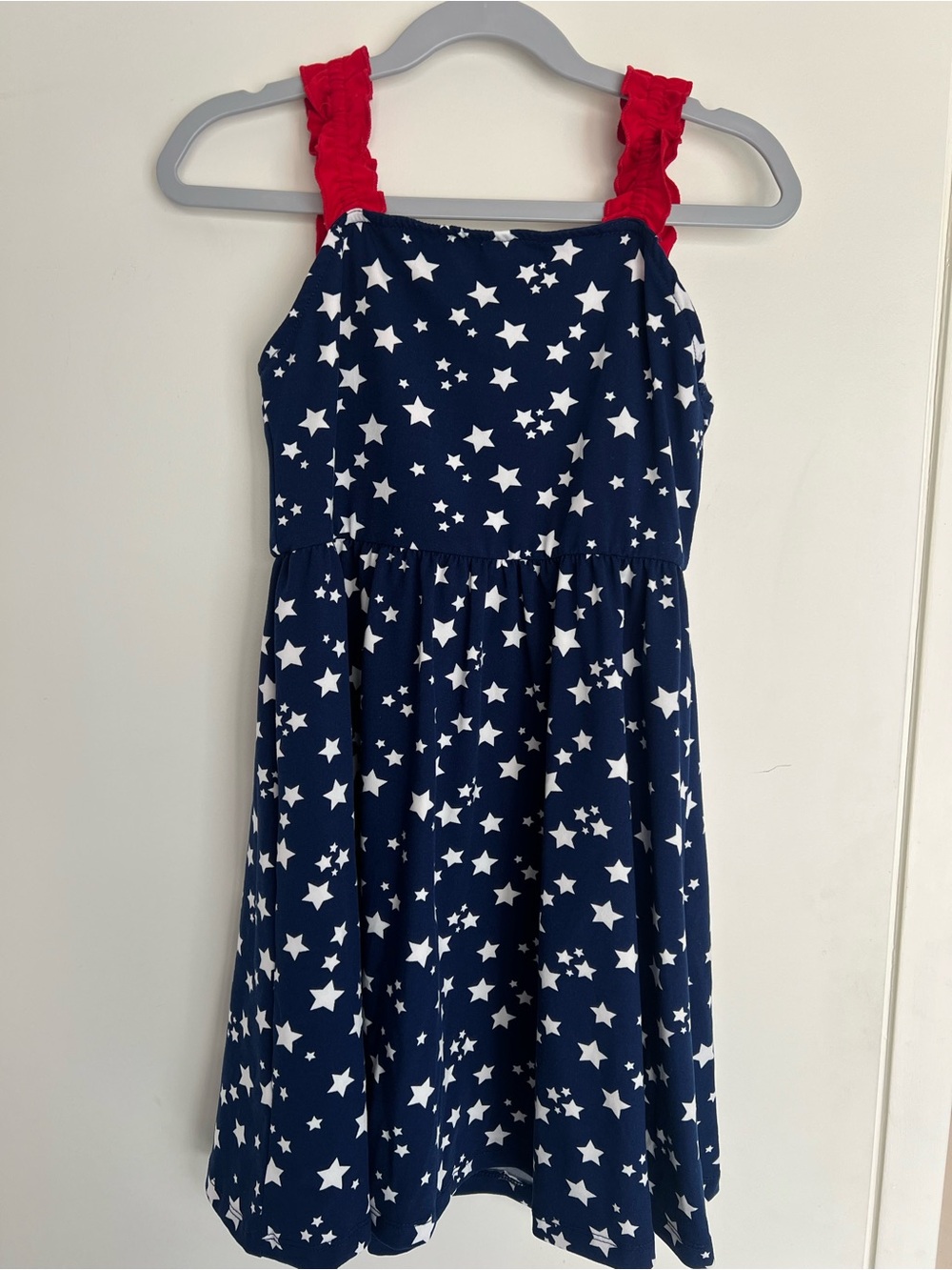 btween Navy Star Print Dress with Red Ruffle Straps